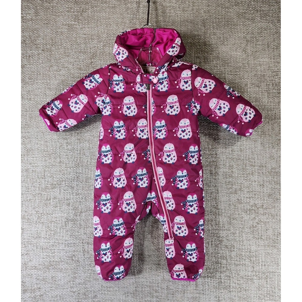 Hatley Puffer Snowsuit Baby Size 9-12 mos Pink Penguin Hooded Insulated Zip